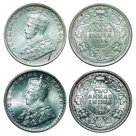 George V, Silver, 2 Annas, (2 coins), Calcutta Mint, No dot, 1914, Die flaw on Obv, 1916, 