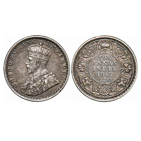 George V, Silver, 2 Annas, 1915, Bombay Mint, Dot. GK 1115. Extremely Fine+. Scarce.