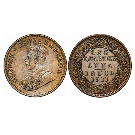 George V, Bronze, Quarter Anna, 1911, Calcutta Mint, No dot, Pig-Type, Ghost on Rev. GK 11