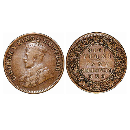 George V, Bronze, Quarter Anna, 1918, Calcutta Mint No dot, Error, Rev inverted. GK 1177. 