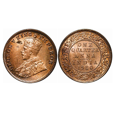 George V, Bronze, Quarter Anna, 1920, Calcutta Mint, no dot, Ghost on Rev. GK 1179. Mint G