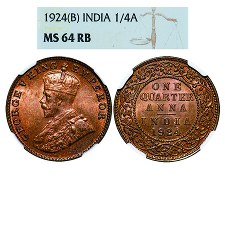 George V, Bronze, Quarter Anna, 1924, Bombay Mint, Dot. GK 1180. NGC Slabbed MS 64 RB. Rar