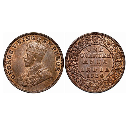 George V, Bronze, Quarter Anna, 1924, Bombay Mint, Dot, Ghost on Obv. GK 1180. Brilliant U