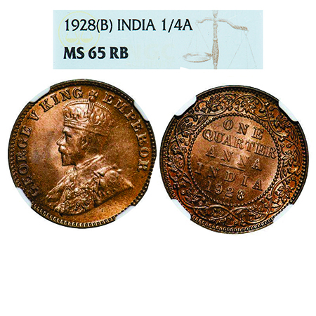 George V, Bronze, Quarter Anna, 1928, Bombay Mint, Dot, 1 o'clock die rotation on Rev. GK 