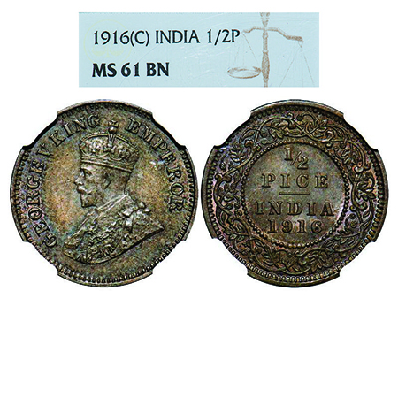 George V, Bronze, 1/2 Pice, 1916, Calcutta Mint, No mint mark. GK 1202. NGC Slabbed MS 61 