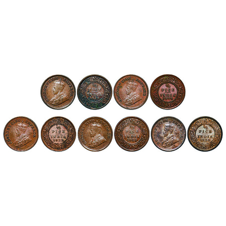 George V, Bronze, 1/2 Pice, (5 coins), 1918, 1922, 1924, 1925, 1928, Calcutta Mint, No min