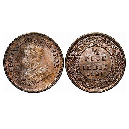 George V, Bronze, 1/2 Pice, 1921, Calcutta Mint, No mint mark, Ghost on Obv & Rev, Planche