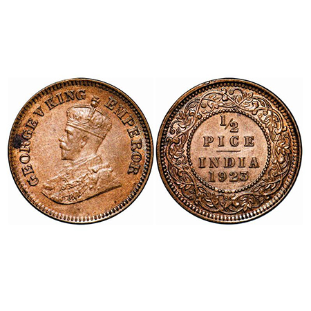 George V, Bronze, 1/2 Pice, 1923, Calcutta Mint, No mint mark, Die crack on Obv and Rev. G