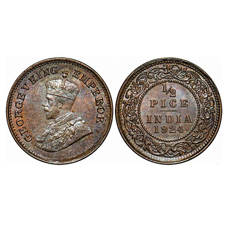 George V, Bronze, 1/2 Pice, 1924, Calcutta Mint, No mint mark. GK 1210. Mint Grade. Very S