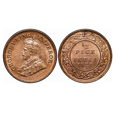 George V, Bronze, 1/2 Pice, 1924, Calcutta Mint, No mint mark, Ghost on Obv and Rev. GK 12