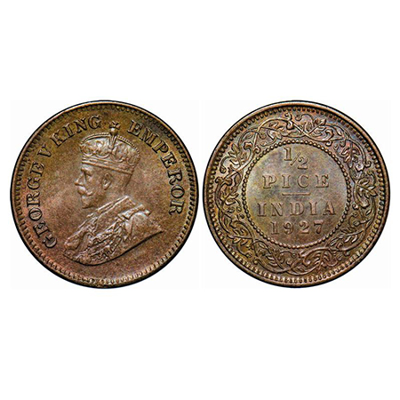 George V, Bronze, 1/2 Pice, 1927, Calcutta Mint, No mint mark, Die crack on Obv and Rev. G