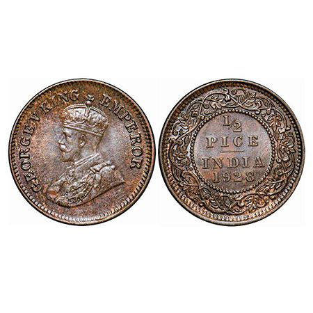 George V, Bronze, 1/2 Pice, 1928, Calcutta Mint, No mint mark, Die crack on Obv & Rev. GK 