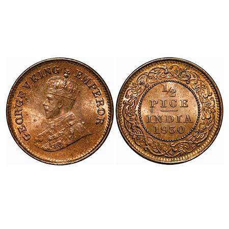 George V, Bronze, 1/2 Pice, 1930, Calcutta Mint, No mint mark. GK 1216. Mint Grade. Very S