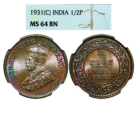 George V, Bronze, 1/2 Pice, 1931, Calcutta Mint, No mint mark. GK 1217. NGC Slabbed MS 64 