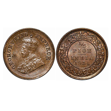 George V, Bronze, 1/2 Pice, 1931, Calcutta Mint, No mint mark, Planchet flaw on Obv. GK 12