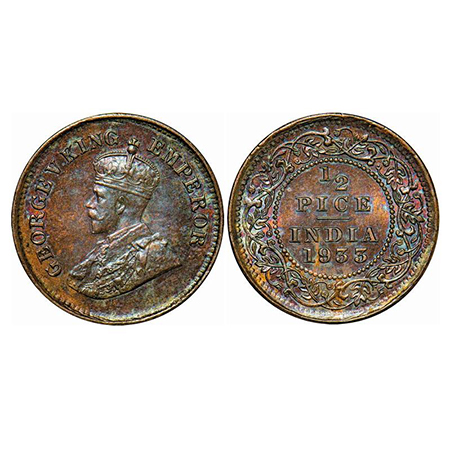 George V, Bronze, 1/2 Pice, 1933, Calcutta Mint, No mint mark. GK 1229. Brilliant Uncircul