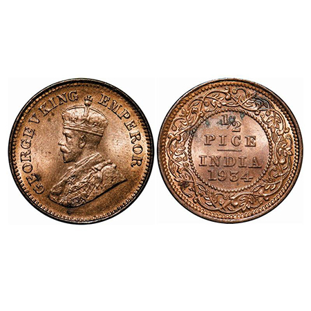George V, Bronze, 1/2 Pice, 1934, Calcutta Mint, No mint mark. GK 1220. Brilliant Uncircul