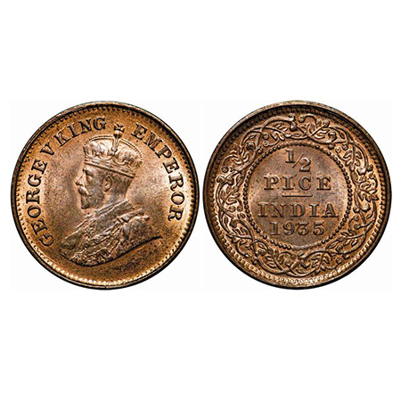 George V, Bronze, 1/2 Pice, 1935, Calcutta Mint, No mint mark. GK 1221. Brilliant Uncircul