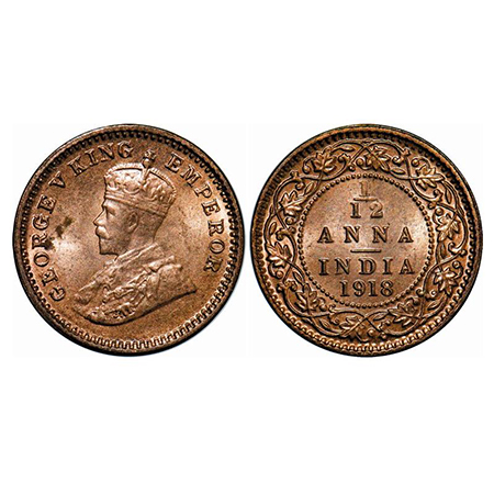 George V, Bronze, 1/12 Anna, 1918, Calcutta Mint, No dot. GK 1229. Mint Grade. Very Scarce
