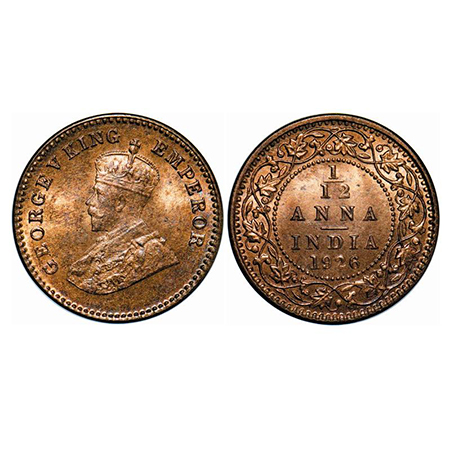 George V, Bronze, 1/12 Anna, 1926, Calcutta Mint, No dot. GK 1240. Mint Grade. Rare.