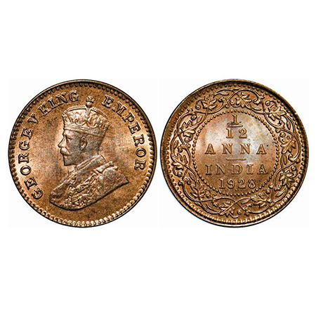 George V, Bronze, 1/12 Anna, 1928, Bombay Mint, Dot. GK 1243. Mint Grade. Rare.