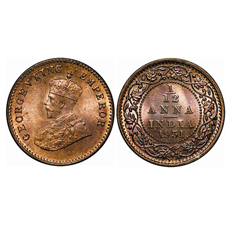 George V, Bronze, 1/12 Anna, 1931, Calcutta Mint, No dot. GK 1247. Mint Grade, Rainbow Ton