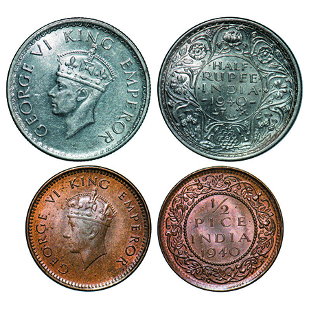 George VI, Mix Metal, Half Rupee, 1/2 Pice, (2 coins), 1940, 1) Half Silver, Bombay Mint, 