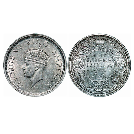 George VI, Half Silver, Half Rupee, 1941, Bombay Mint, Head Type II, A(a)/I(i), Dot, Secur