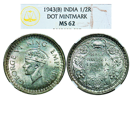 George VI, Half Silver, Half Rupee, 1943, Bombay Mint, B/II, Head Type II, Dot, Security e