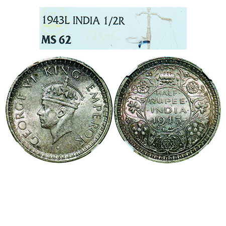 George VI, Half Silver, Half Rupee, 1943, Lahore Mint, B/II, 'L' raised, Head Type II, Sec