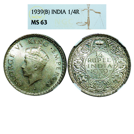 George VI, Silver, 1/4 Rupee, 1939, Bombay Mint, Head Type I, Rev I, Dot, Milled edge, Tin
