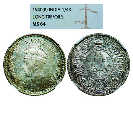 George VI, Half Silver, 1/4 Rupee, 1940, Bombay Mint, Head Type I, Rev I, Dot, Milled edge
