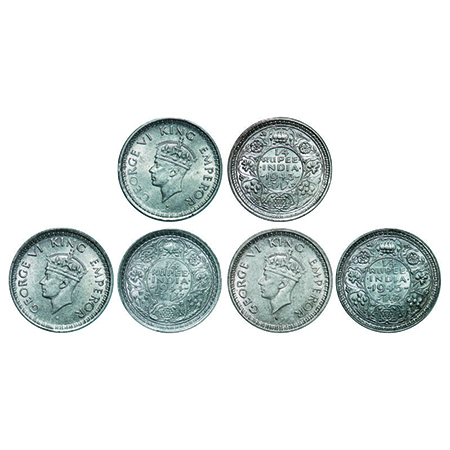 George VI, Half Silver, 1/4 Rupee, (3 coins), 1) 1943, Bombay Mint, Head Type II, Rev II, 