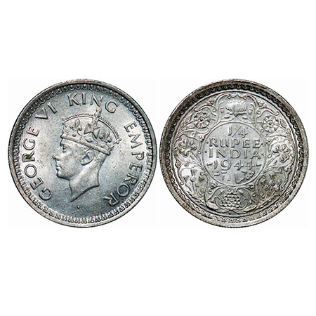 George VI, Half Silver, 1/4 Rupee, 1944, Bombay Mint, Head Type II, Rev III, Diamond, Secu