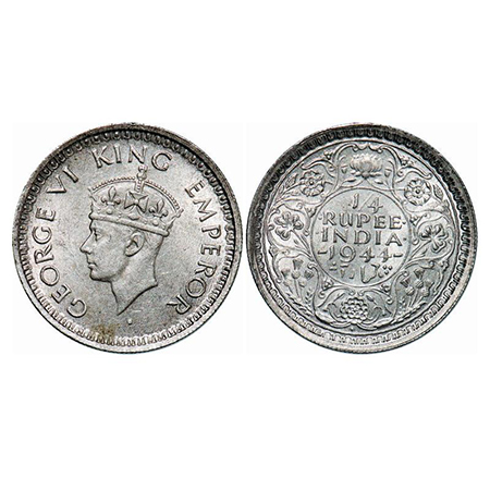 George VI, Half Silver, 1/4 Rupee, 1944, Bombay Mint, Head Type II, Rev III, Diamond, Secu