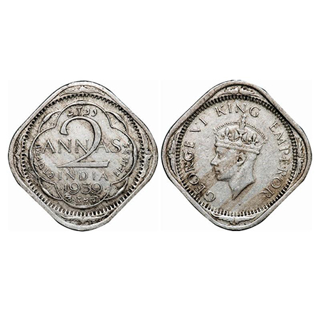 George VI, Copper-Nickel, 2 Annas, 1939, Bombay Mint, head Type II, Dots by year. GK 1349.