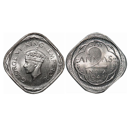 George VI, Copper-Nickel, 2 Annas, 1941, Bombay Mint, Head Type II, Dots by year. GK 1355.