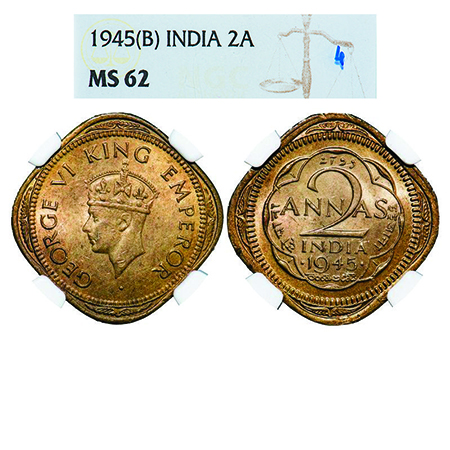 George VI, Brass-Nickel, 2 Annas, 1945, Bombay Mint, Head Type II, Dots by year, Tip of cr