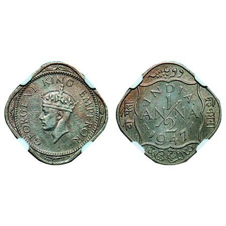 George VI, Copper-Nickel, 1/2 Anna, 1947, Bombay Mint, Dots by India, Dash-Dot-Dash, Tiny 