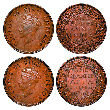 George VI, Bronze, Quarter Anna, (2 coins), 1938, Bombay Mint, Head Type I, Dot, Dots by O