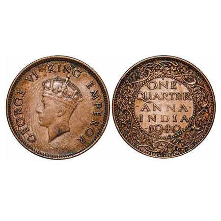 George VI, Bronze, Quarter Anna, 1940, Bombay Mint, Head Type I, Dot. GK 1425. Extremely F