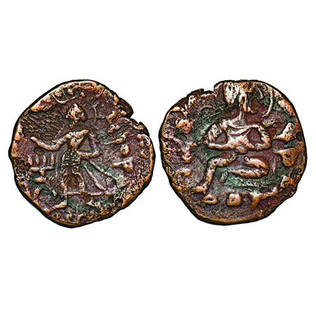Kushan, Copper, 7.21g, 23.26x23.60mm, (1 Cen AD), Obv: King seated, Bactrian legend around