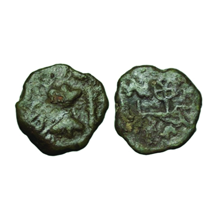 Western Kshatrapas, Bhumaka, Copper, 5.00gm,18x17 mm, Obv: Arrow and thunderbolt, Rev: Lio