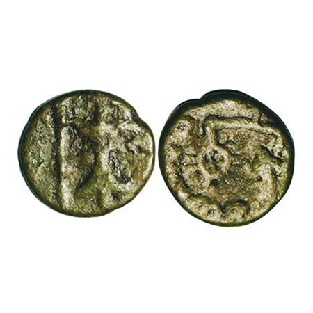 Western Kshatrapas, Bhumaka, Copper, 2.93g. 15.78x16.72mm, Obv: Arrow and thunderbolt, Rev