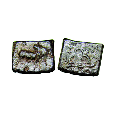 Western Kshatarapas, Lead Unit, 3.80g, Rudrasena III, Bull Type, Obv: Humped bull standing