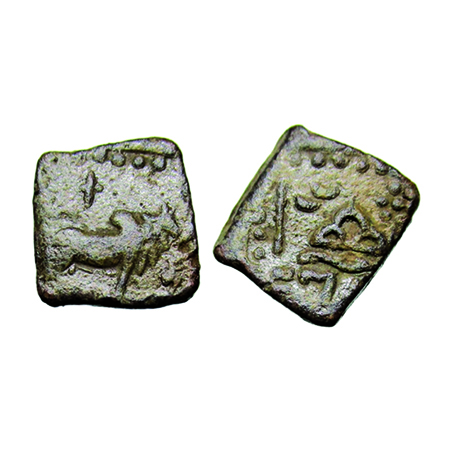 Western Kshatarapas, Lead Unit, 3.47g, 12x13 mm, Rudrasena III, Bull Type, Obv: Humped bul