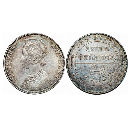Bikanir, Silver Rupee, 11.59g, Ganga Singh, 1892 AD, Bombay Mint, Portrait of Victoria Emp