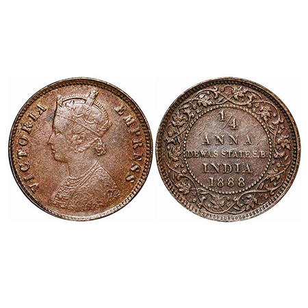 Dewas Senior, Copper ¼ Anna, 6.56g, Narayan Rao (c. 1864-1892 AD), Crowned bust of Victori