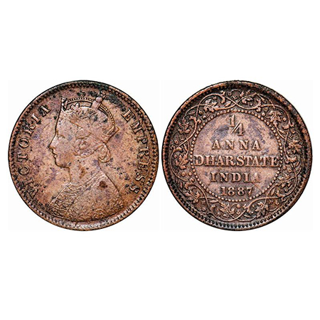 Dhar, Copper ¼ Anna, 6.28g, Anand Rao III (1860-1898 AD), 1887 AD, bust of Victoria Empres