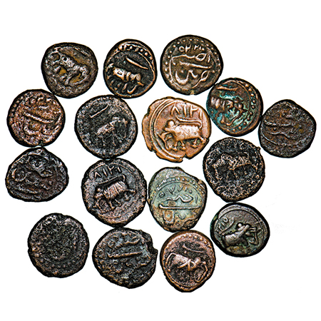 Mysore, Copper 1/4 paisa, Lot of 16 coins, Tipu Sultan, 1) Patan Mint/bengaluru Mint (2 co